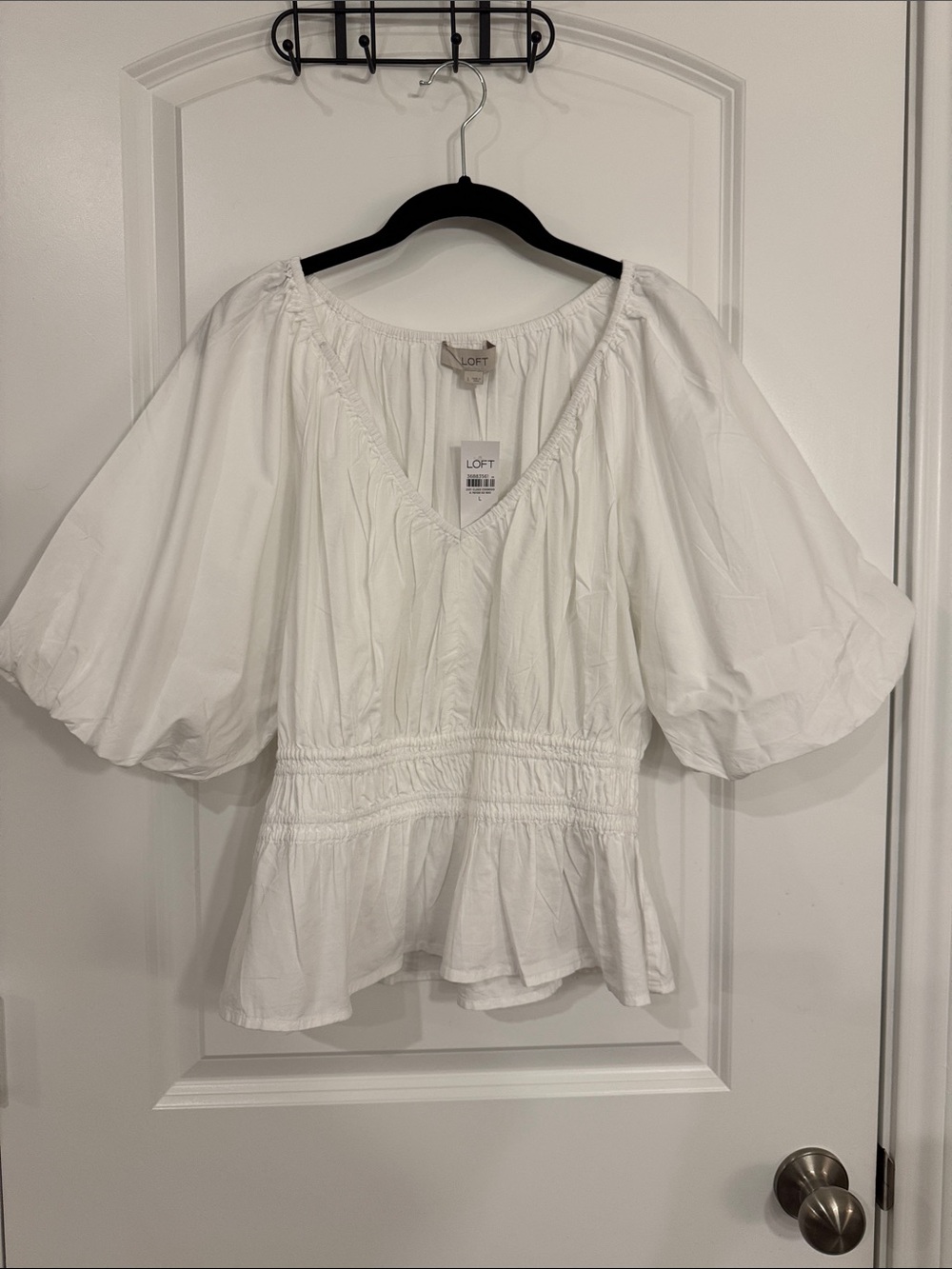 LOFT White Peplum Blouse with Puff Sleeves